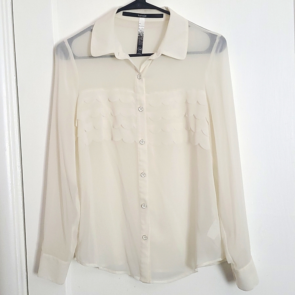 Kensie Sheer Off-White Button-Up Collared Shirt